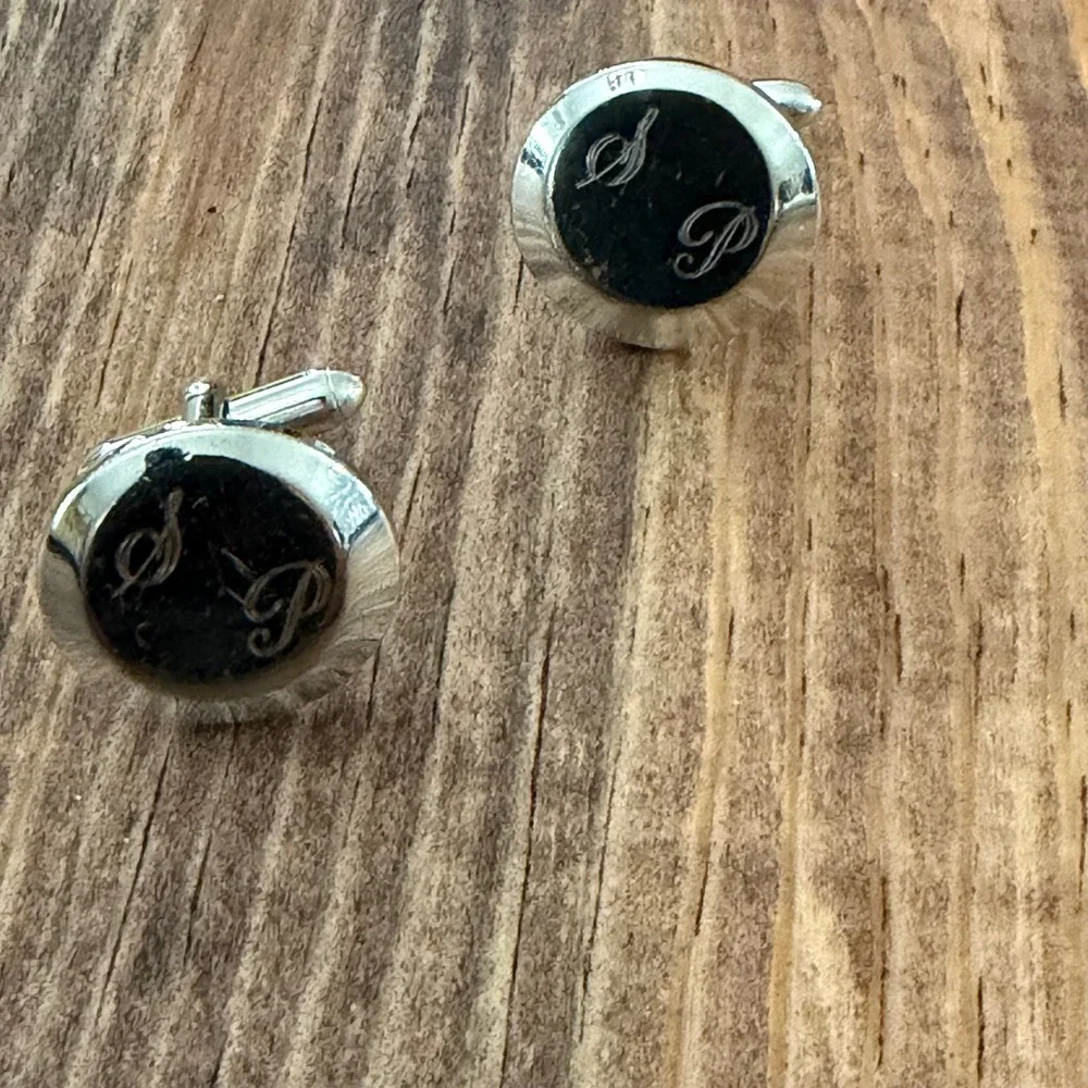 Swank Vintage Silver Tone Rnd Engraved SP Initial Monogram Cufflinks Toggle/Back
